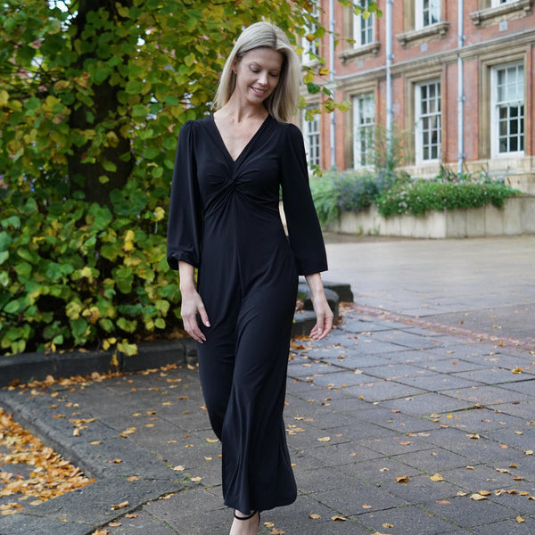 Black Twisted Front Dress | Wanda V Neck Soft Jersey Dress