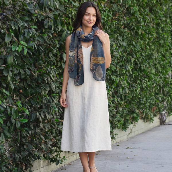 Teal Blue Scarf with Gold & Pink Leaves | Hannah Abstract Large Soft Wrap