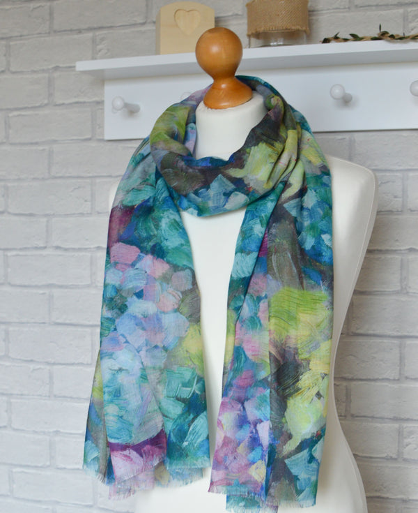 Abstract Floral Scarf | Hannah Brush Stroke Watercolour Blue Green Turquoise Wrap