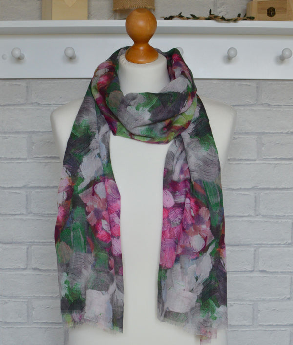 Abstract Floral Scarf | Hannah Brush Stroke Watercolour Pink Green Grey Wrap