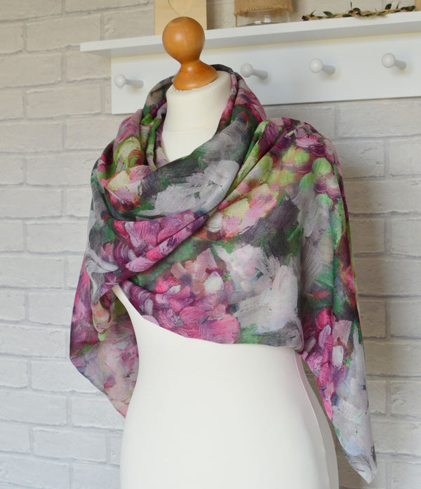 Abstract Floral Scarf | Hannah Brush Stroke Watercolour Pink Green Grey Wrap