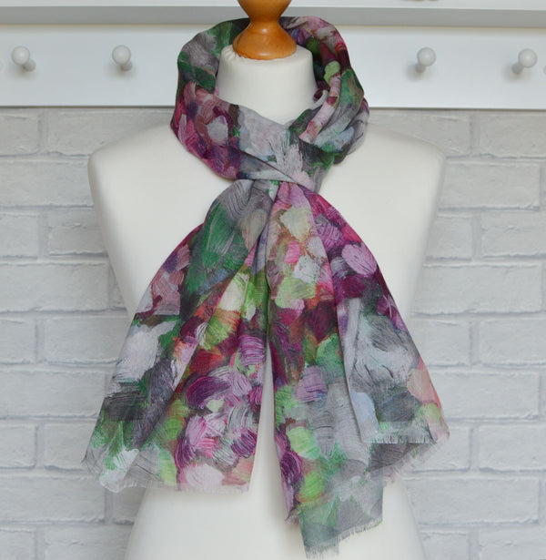 Abstract Floral Scarf | Hannah Brush Stroke Watercolour Pink Green Grey Wrap