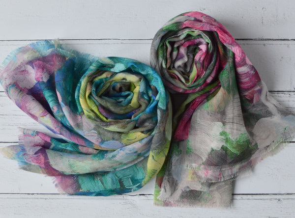 Abstract Floral Scarf | Hannah Brush Stroke Watercolour Pink Green Grey Wrap