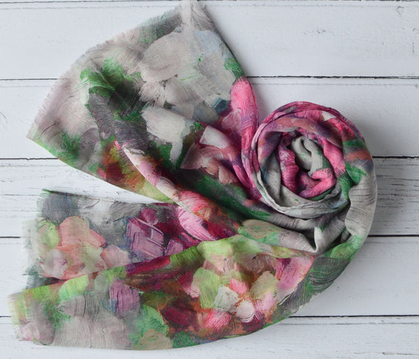Abstract Floral Scarf | Hannah Brush Stroke Watercolour Pink Green Grey Wrap