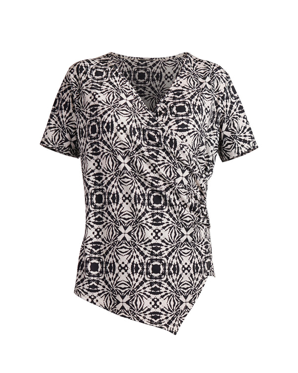 Black & Cream Asymmetric Top | Clara Soft Jersey Wrap Top in Abstract Geometric Print