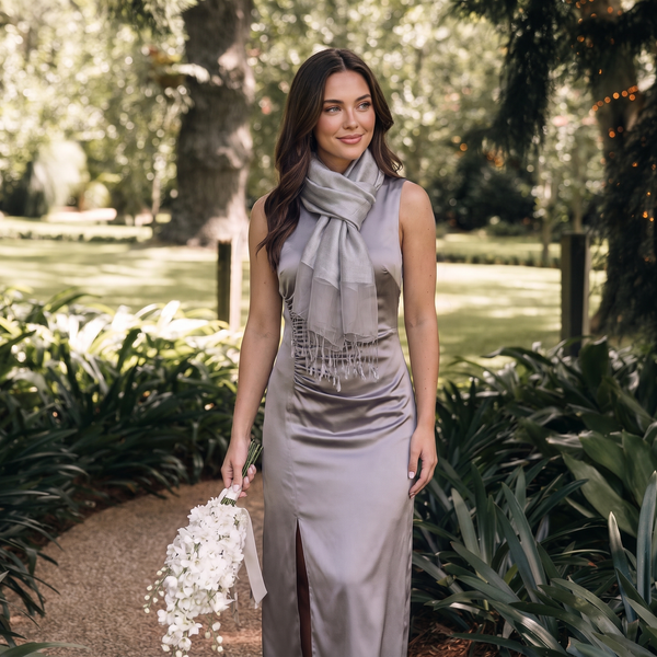 Sophia Silver Grey Organza and Crepe Silk Viscose Tasselled Special Occasion Wrap