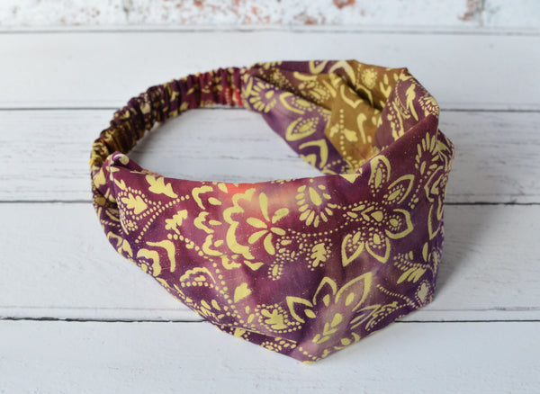 Cotton Headband Hand Printed and Dyed Batik Woven Cotton Bandana Purple Red Yellow