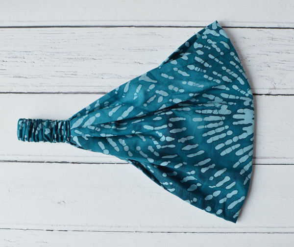 Batik Headband for Women Hand Printed and Dyed Batik Cotton Bandana in Teal Blue