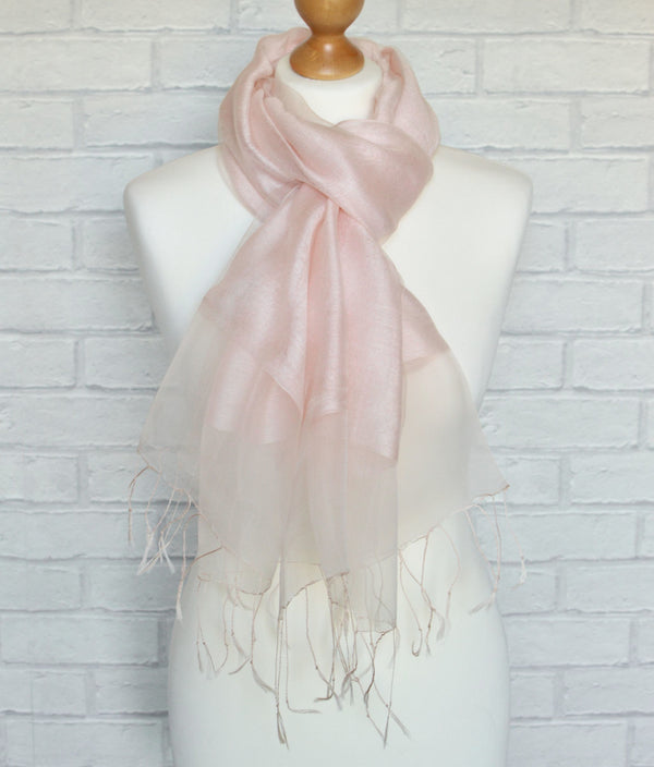 Sophia Powder Pink Scarf 2 Layer Organza and Crepe Silk/Viscose Tasselled Bridal Bridesmaid Special Occasion Wrap