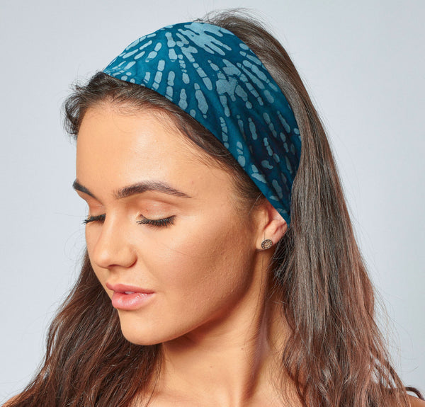 Batik Headband for Women Hand Printed and Dyed Batik Cotton Bandana in Teal Blue