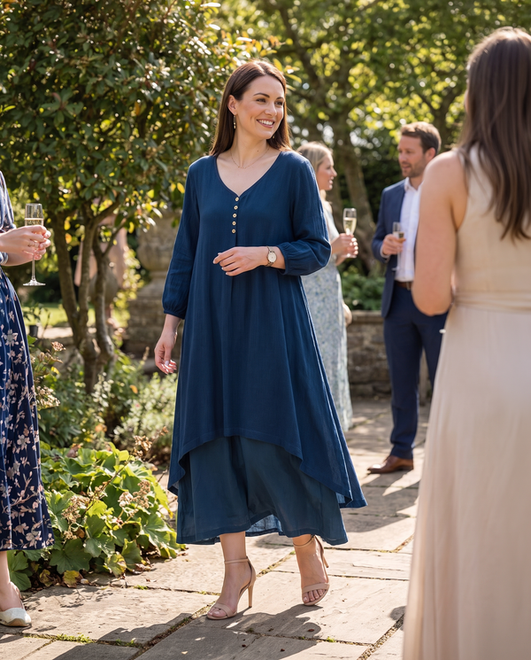 Teal Blue Layered Dress | Chelsea Loose Fitting Dress with Front Button Detail