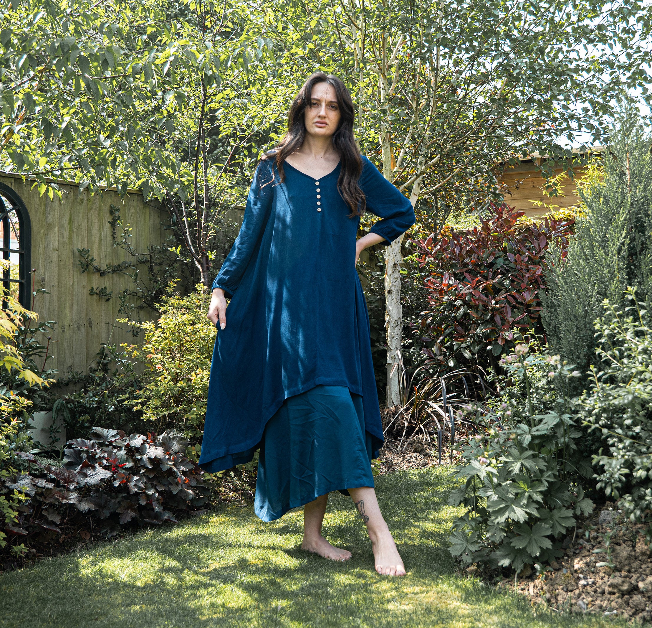 Teal Blue Layered Dress | Chelsea Loose Fitting Dress with Front Button Detail Teal Blue Layered Dress | Chelsea Loose Fitting Dress with Front Button Detail