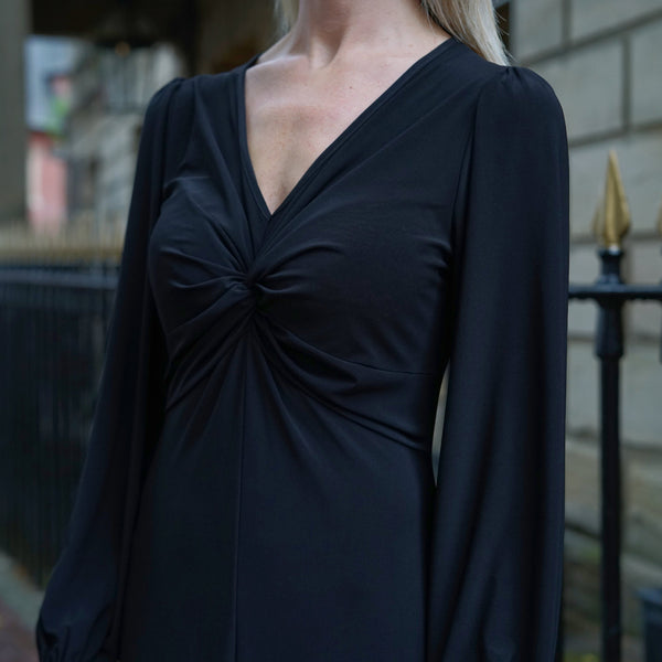 Black Twisted Front Dress | Wanda V Neck Soft Jersey Dress