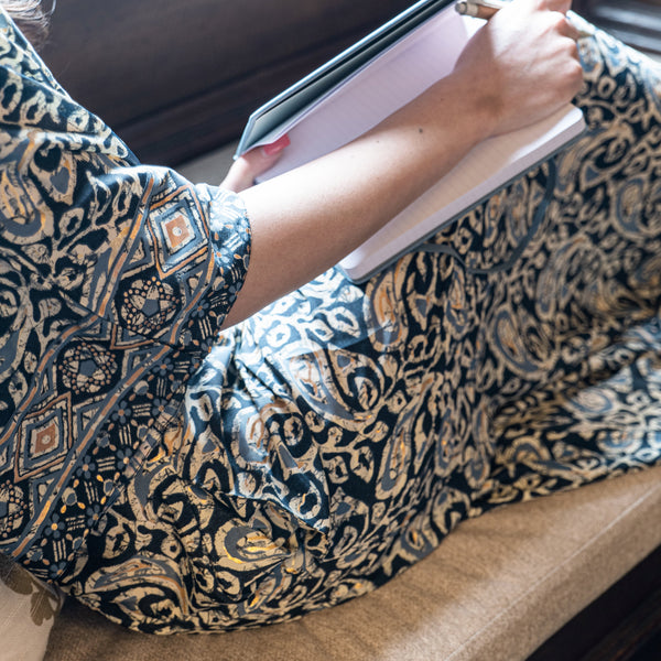 Blue Paisley Dress Drawstring-Waist Siobhan Kaftan With Butterfly Sleeves