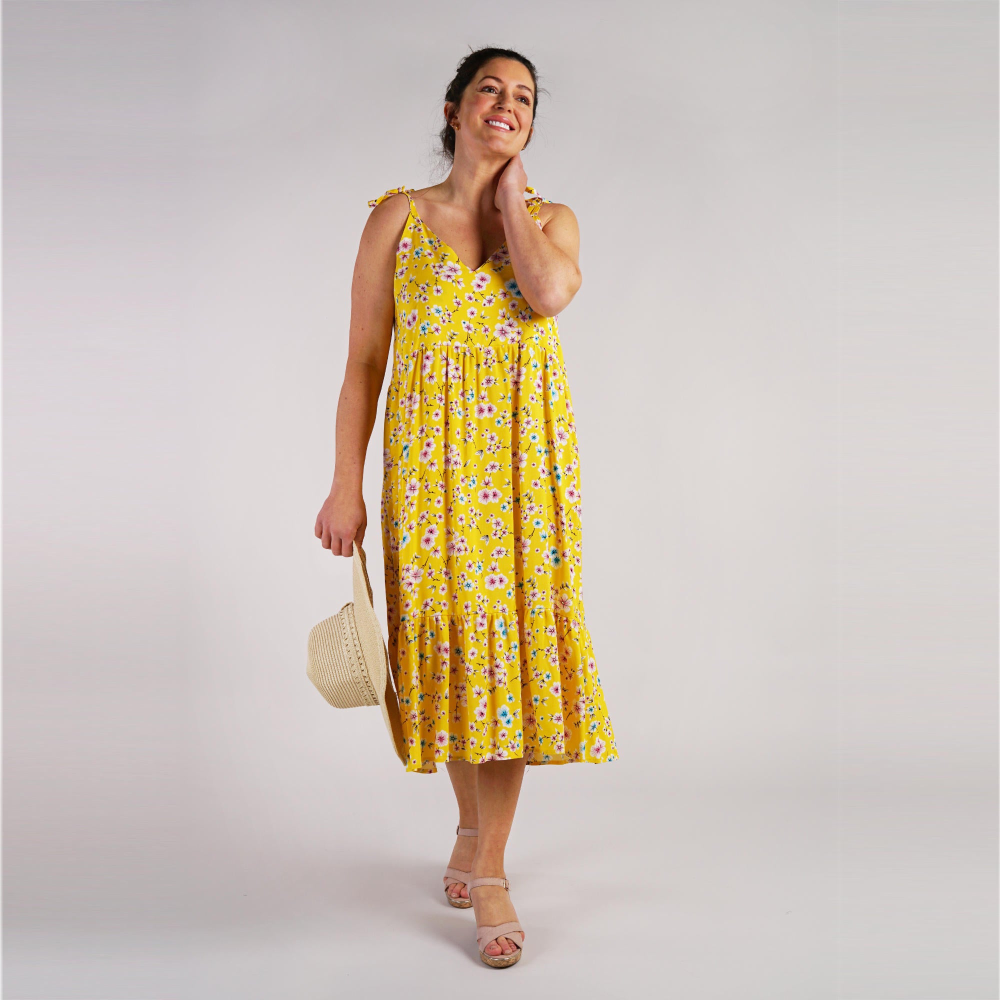 Yellow Floral Sundress Natalia Softly Gathered Strappy Dress
