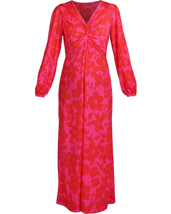 Twisted Front Dress | Wanda Soft Jersey Maxi Dress in a Red Pink Floral Print
