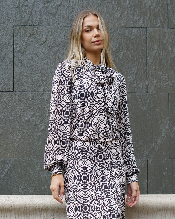 Black & Cream Bow Blouse | Zoe Geometric Print Soft Jersey Blouse