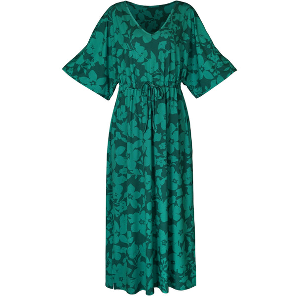 Green Floral Print Kaftan | Luna V Neck Elasticated Waist Soft Jersey Dress