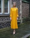 Sample Dress | Ochre Yellow Harriette Needlecord Fluted Sleeve Midi Dress with Detachable Bow-Tie
