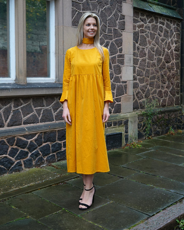 Sample Dress | Ochre Yellow Harriette Needlecord Fluted Sleeve Midi Dress with Detachable Bow-Tie