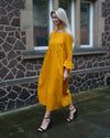 Sample Dress | Ochre Yellow Harriette Needlecord Fluted Sleeve Midi Dress with Detachable Bow-Tie