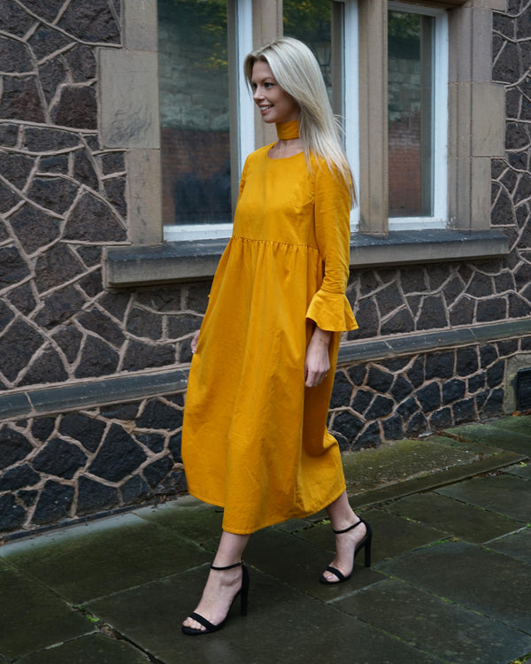 Sample Dress | Ochre Yellow Harriette Needlecord Fluted Sleeve Midi Dress with Detachable Bow-Tie