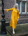 Sample Dress | Ochre Yellow Harriette Needlecord Fluted Sleeve Midi Dress with Detachable Bow-Tie