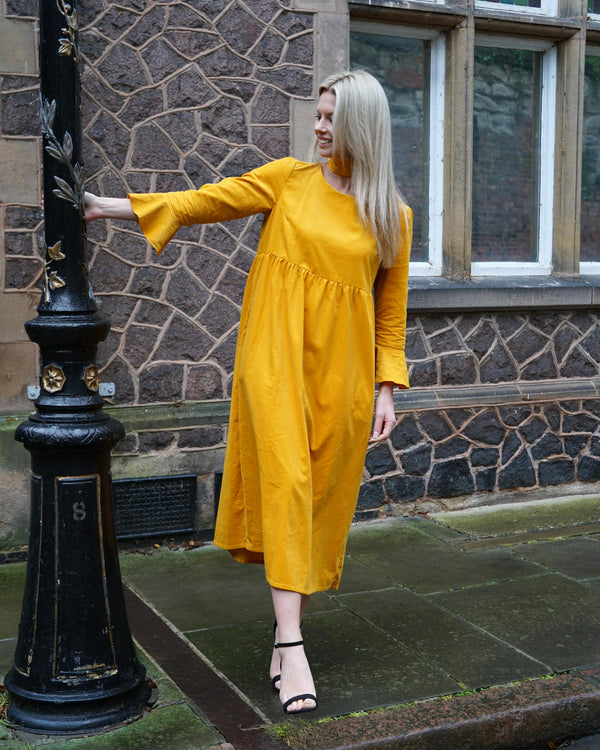 Sample Dress | Ochre Yellow Harriette Needlecord Fluted Sleeve Midi Dress with Detachable Bow-Tie