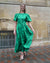 Sample Dress | Valentina Silky Satin Green Floral Puff Sleeve Dress | Size UK 10-12