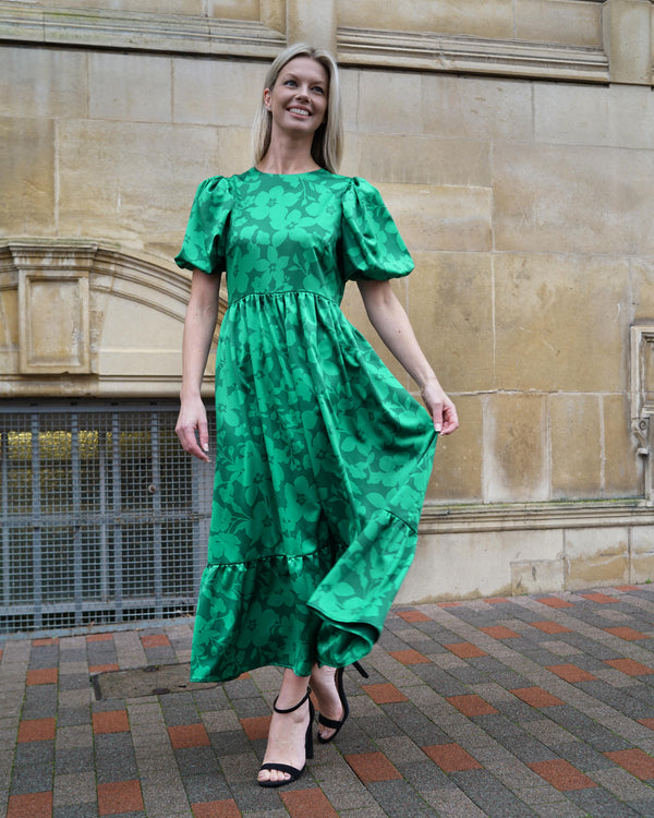 Sample Dress | Valentina Silky Satin Green Floral Puff Sleeve Dress | Size UK 10-12
