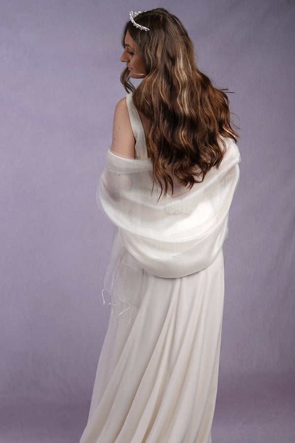 Sophia Double Layered Organza and Crepe Silk/Viscose Ivory Cream Tasselled Bridal Bridesmaid Special Occasion Wrap Semi-Sheer Stole