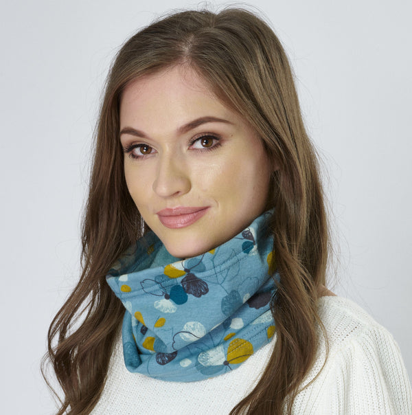 Snood | Esme Teal Blue Printed Jersey Loose Fit Neck Warmer with Soft Brushed Fleecy Back