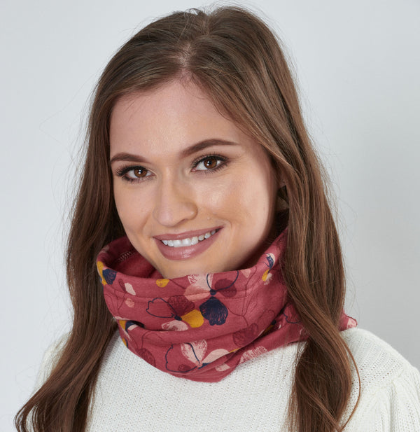 Burnt Orange Floral Snood | Esme Loose Fit Neck Warmer with Soft Brushed Fleecy Back