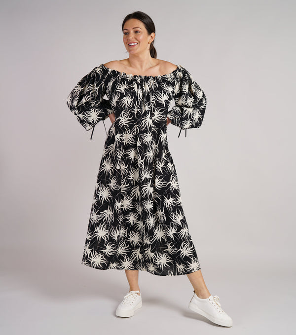 Sample Dress | Black & White Floral Bardot Style Dress | Francesca Dress with Elasticated Neckline | Size UK 10-14