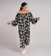 Sample Dress | Black & White Floral Bardot Style Dress | Francesca Dress with Elasticated Neckline | Size UK 10-14