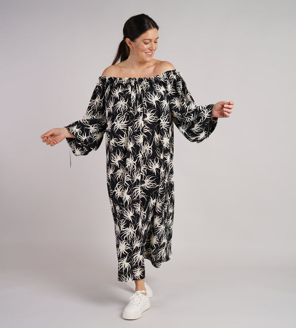 Sample Dress | Black & White Floral Bardot Style Dress | Francesca Dress with Elasticated Neckline | Size UK 10-14