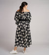 Sample Dress | Black & White Floral Bardot Style Dress | Francesca Dress with Elasticated Neckline | Size UK 10-14