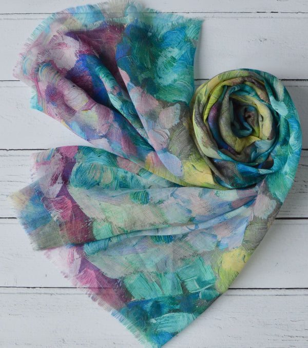 Abstract Floral Scarf | Hannah Brush Stroke Watercolour Blue Green Turquoise Wrap