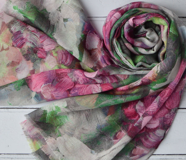 Abstract Floral Scarf | Hannah Brush Stroke Watercolour Pink Green Grey Wrap