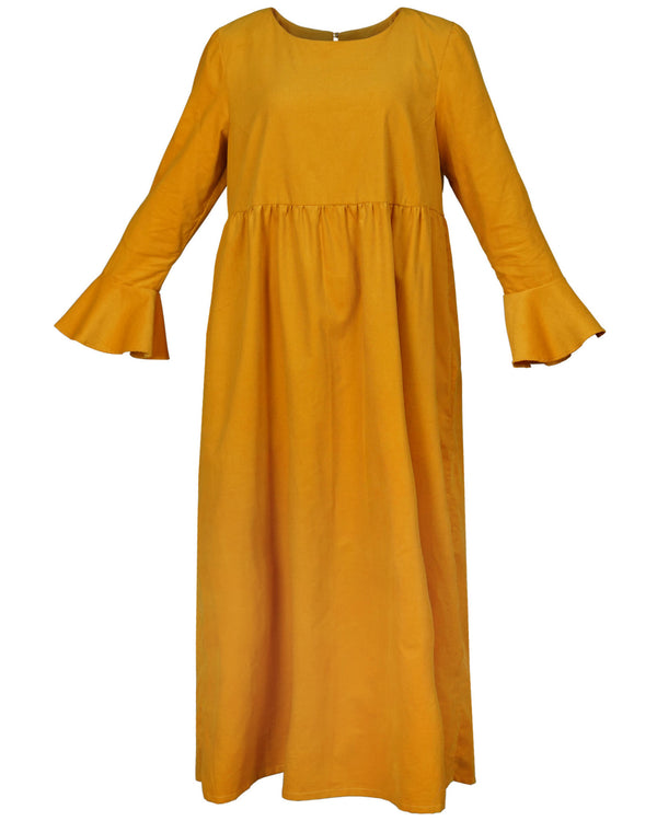 Sample Dress | Ochre Yellow Harriette Needlecord Fluted Sleeve Midi Dress with Detachable Bow-Tie
