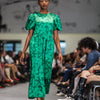 Sample Dress | Valentina Silky Satin Green Floral Puff Sleeve Dress | Size UK 10-12