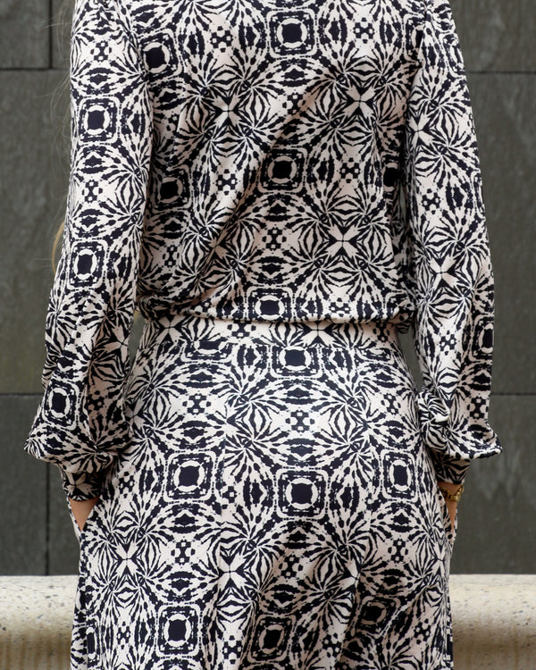 Black & Cream A-Line Skirt | Riley Elasticated Waist Geometric Print Soft Jersey Skirt