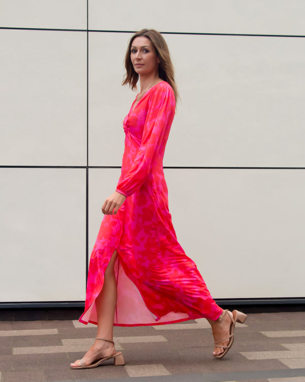 Twisted Front Dress | Wanda Soft Jersey Maxi Dress in a Red Pink Floral Print