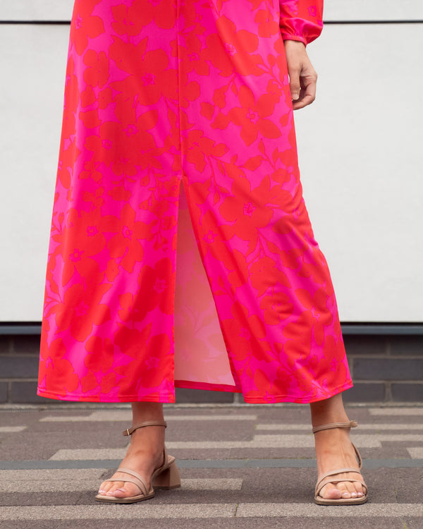 Twisted Front Dress | Wanda Soft Jersey Maxi Dress in a Red Pink Floral Print