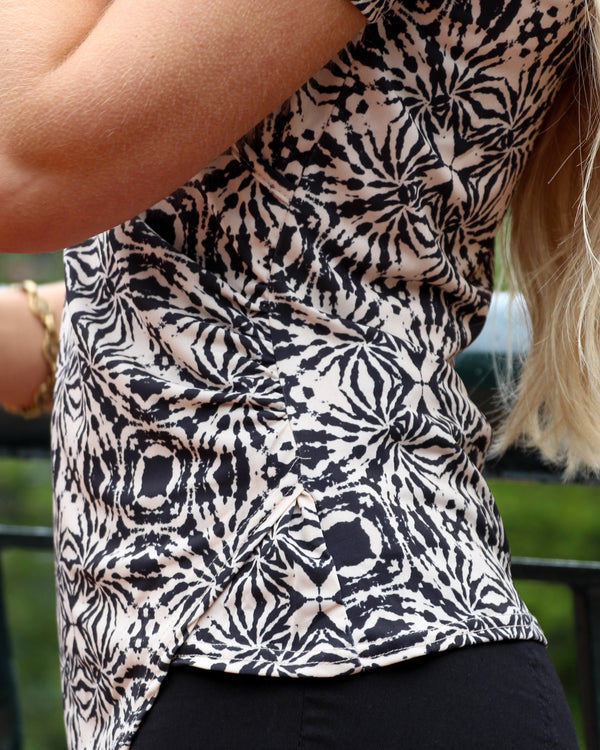 Black & Cream Asymmetric Top | Clara Soft Jersey Wrap Top in Abstract Geometric Print