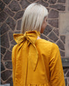 Sample Dress | Ochre Yellow Harriette Needlecord Fluted Sleeve Midi Dress with Detachable Bow-Tie