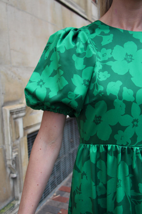 Sample Dress | Valentina Silky Satin Green Floral Puff Sleeve Dress | Size UK 10-12
