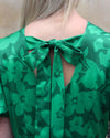 Sample Dress | Valentina Silky Satin Green Floral Puff Sleeve Dress | Size UK 10-12