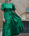 Sample Dress | Valentina Silky Satin Green Floral Puff Sleeve Dress | Size UK 10-12
