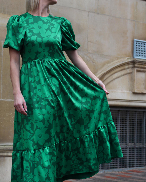 Sample Dress | Valentina Silky Satin Green Floral Puff Sleeve Dress | Size UK 10-12